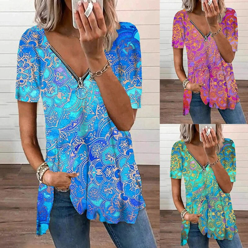

Vintage Print Blouses Women 2022 Tops Summer Zipper V-neck Blouse Shirt Women's Tunic Casual Loose Blusas Mujer Women Blouses