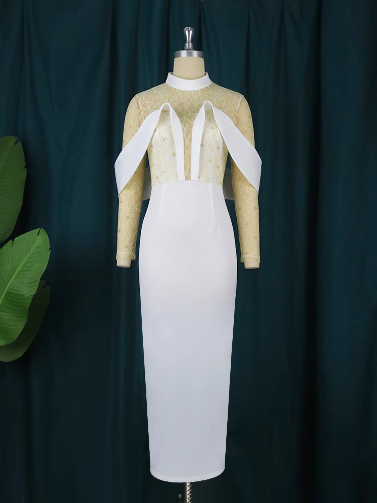 Белое кружевное платье с полувысоким воротником прозрачный вечерний наряд