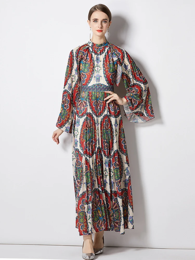 

Summer Designer Fashion Runway Maxi Dress Women O-Neck Flare Sleeve Vintage Pattern Print Slim Pleated Indie Folk Long Dress