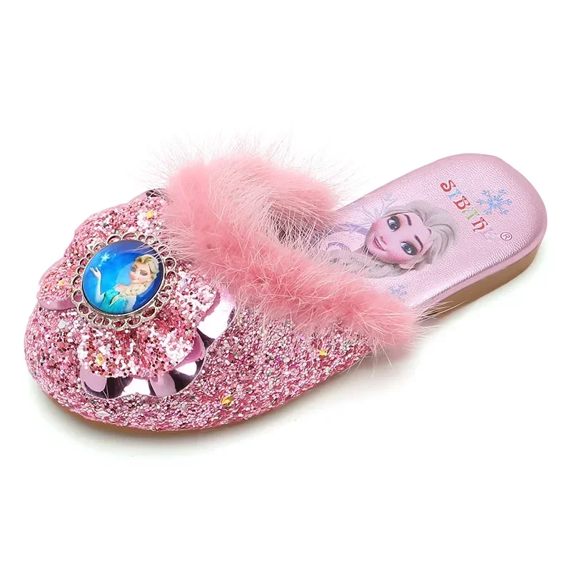 Детские меховые тапочки для девочек Disney зимние дома и улицы Эльза Мультяшные с