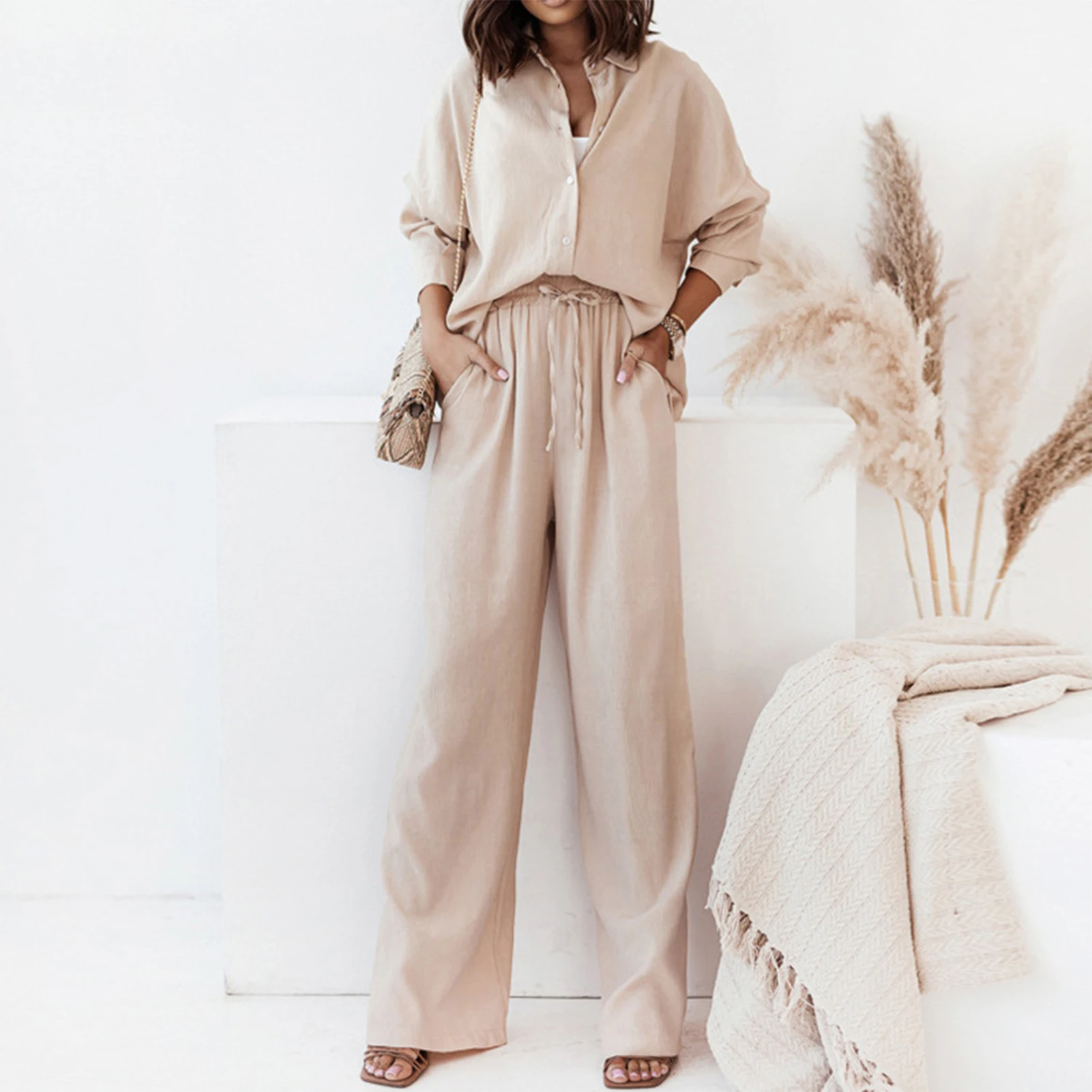

Women Casual Tee Pants Solid Color Ladies Blouse Top Straight Leg Pants Single Breasted Turn Down Collar V Neck Vacation Outfit