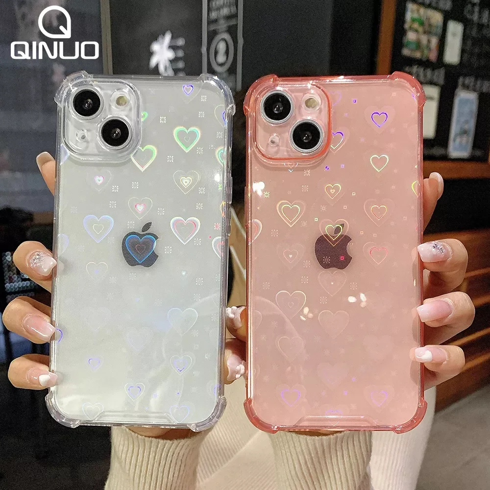 

Reflective Holographic Love Heart Case For iPhone 13 12 11 Pro Max Mini XS X XR 7 8 Plus SE 2020 Soft Clear Buffer Cover