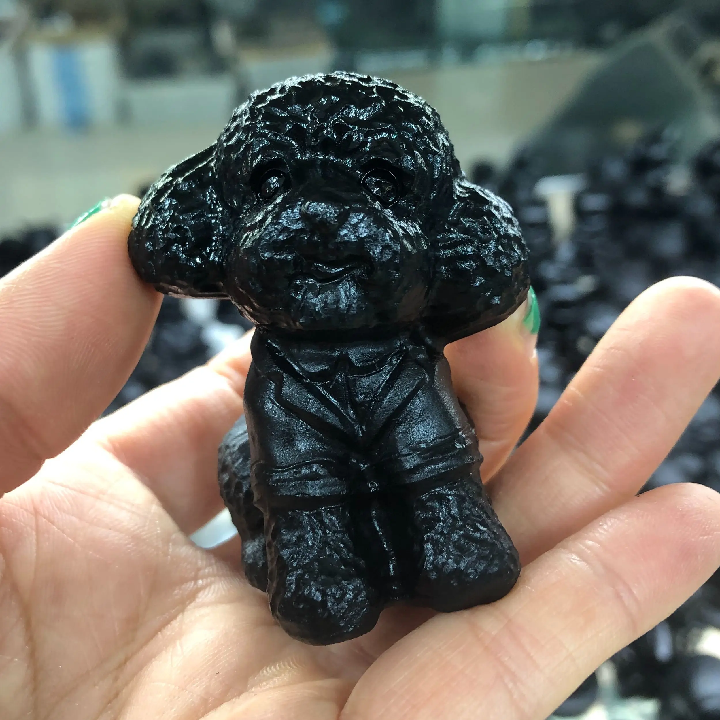 

6CM Natural Black Obsidian Carved Teddy dog Rock Crystal cute Dog Statue