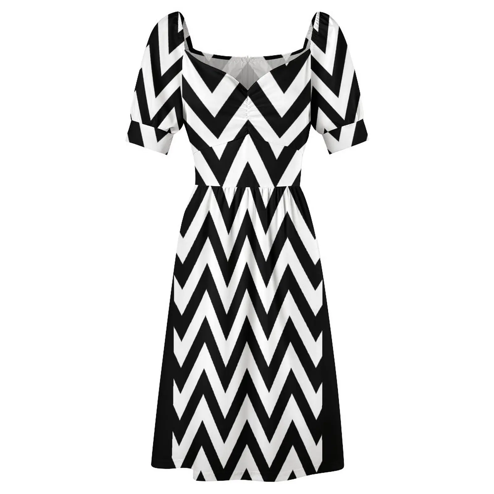 Черно-белое платье с зигзагообразным дизайном и короткими рукавами элегантные
