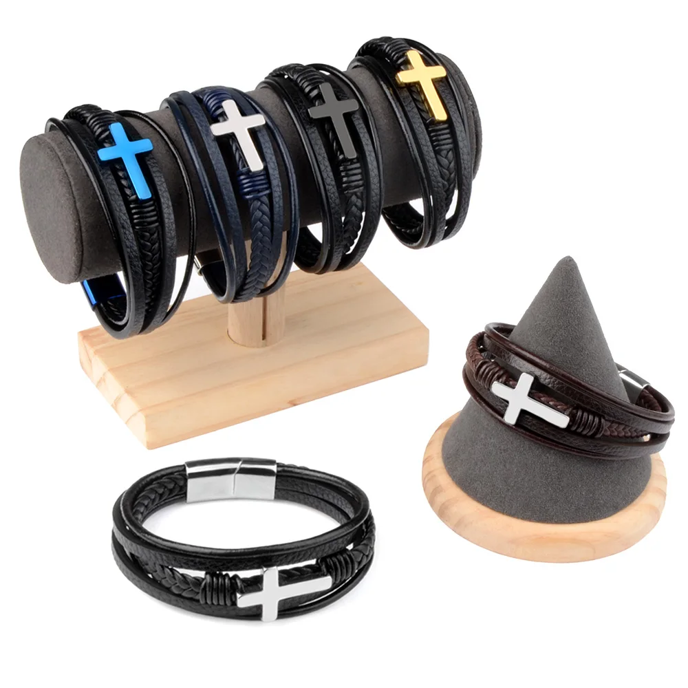 

High Quality Cross Genuine Leather Bracelet Stainless Steel Magnetic Clasp Charm Punk Style Bracelets Gifts For Men Jewelry