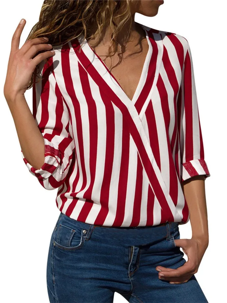 

Женская полосатая блузка с v-образным вырезом, блузки с длинным рукавом, рубашки, повседневные топы, одежда для работы, шифоновая рубашка раз...
