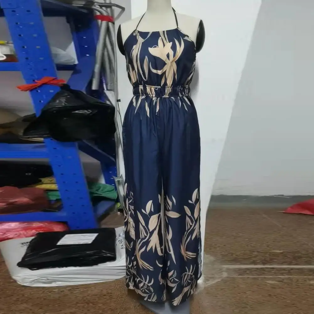 

Wide Leg Trendy High Waist Leaf Print Party Romper Elastic Waist Prom Jumpsuit Soft Fabric Clothing