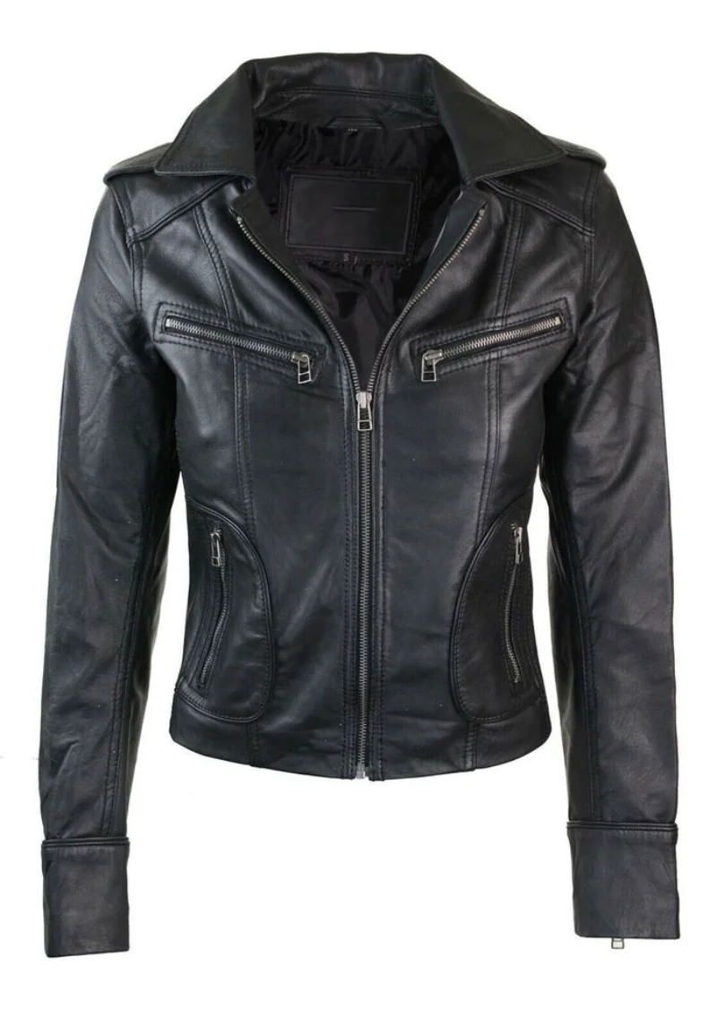 NEW Women REAL Leather BIKER Motorbike Short Slim Fitted Jacket Genuine Leather Jacket Women