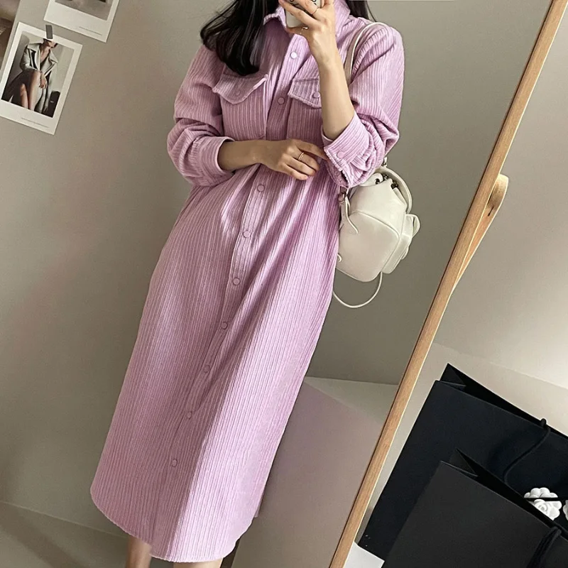 Женское винтажное платье на пуговицах повседневное Свободное длинное с отложным