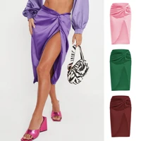 2022 high waist french kink irregular skirt sexy solid color satin split zipper bag hip long skirt women