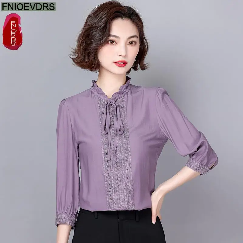 Женская элегантная офисная кружевная рубашка с длинным рукавом и