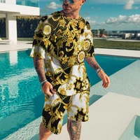 new baroque t shirt and shorts sets for men summer oversized tracksuit 3d gold chain print printed round neck short sleeve set