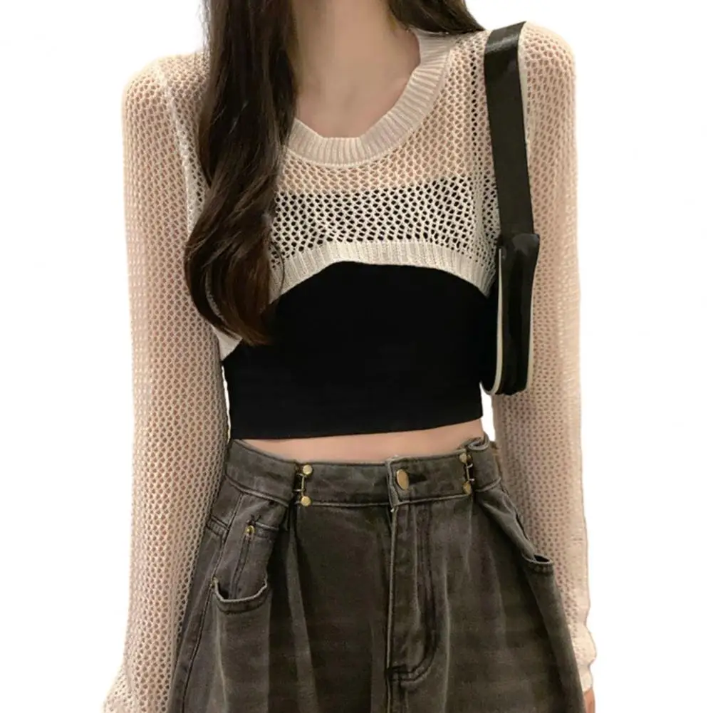 

Hollow Thin Long-sleeved Shirt Women's Summer and Autumn Round Neck Short Knitted Blouse Drop Solid Color Sunscreen Top