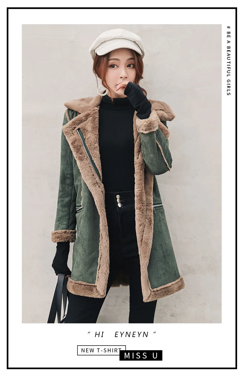 Winter Long Faux Suede Leather Jacket Women  Female Green Faux Fur Lined vintage  Jacket Woman Coat Large Windbreaker