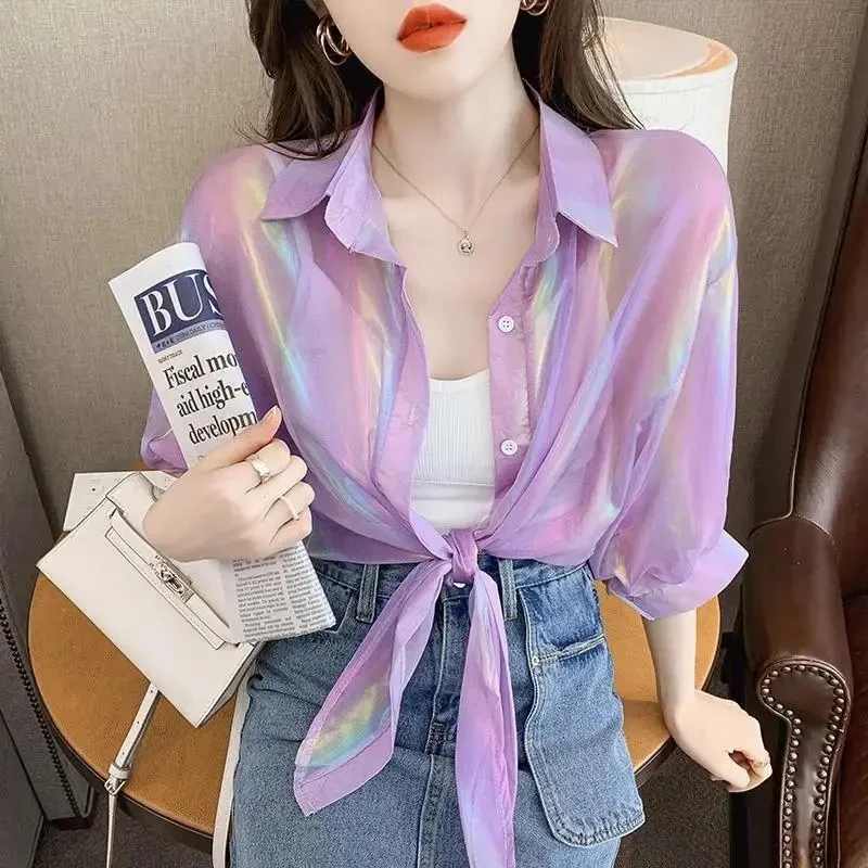 Женский солнцезащитный кардиган с воротником-поло тонкая модная Корейская