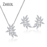 zakol casual cubic zirconia leaf earrings necklace jewelry set for women wedding dinner holiday birthday gift accessories