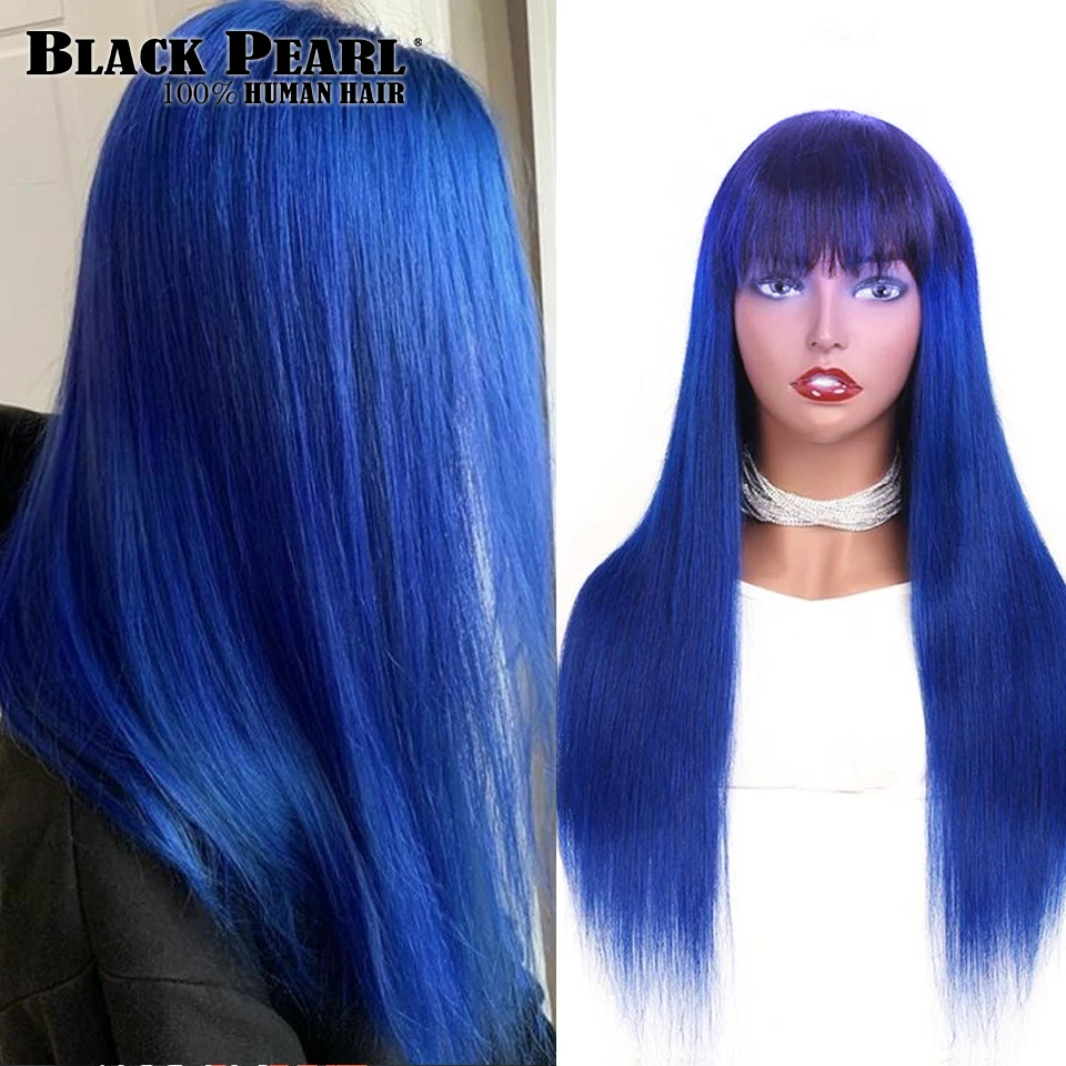 Klein Blue Human Hair Wigs With Bangs 100% Human Hair Brazilian Long Straight Wigs With Bangs For Women Black Cosplay Part
