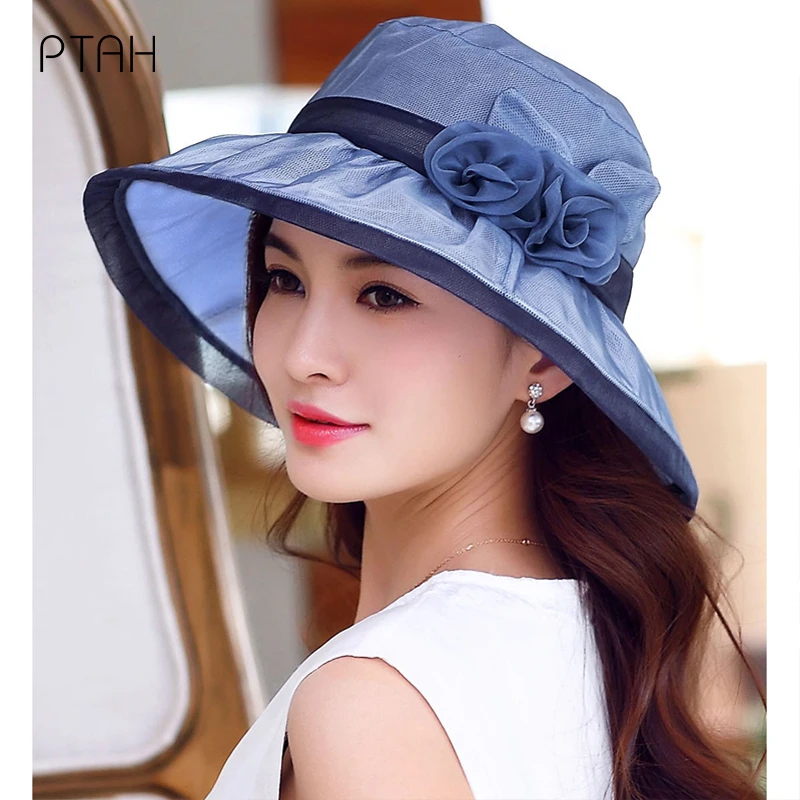 

[PTAH] Summer Hats Womens Temperament 100% Mulberry Silk Hats Sun Protection Breathable Cap Women's UPF50+ Beach Hat Female