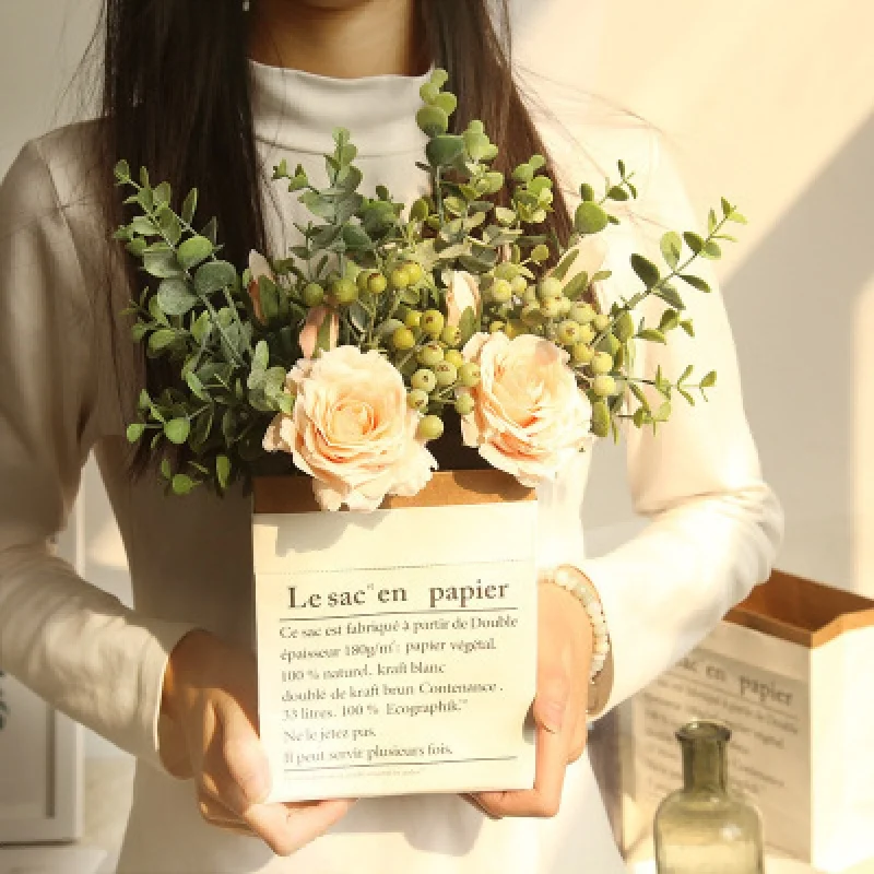 

Nordic Countryside M Eucalyptus Rose Bouquet Artificial Flower Factory Decoration Wedding Bouquet Fake Flowers for Wall Decorati