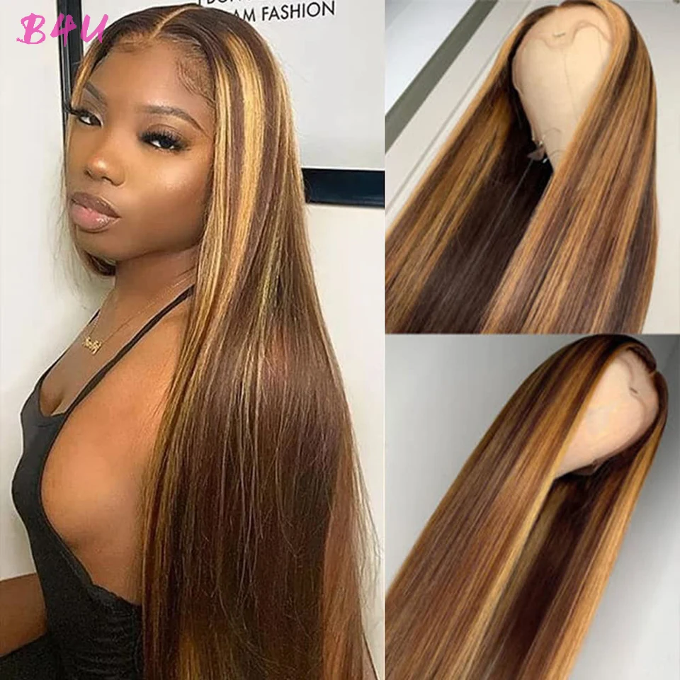 B4U Highlight Wig Human Hair Honey Blonde Transparent Lace Wigs Remy T Part Brazilian Bone Straight Front | Шиньоны и парики