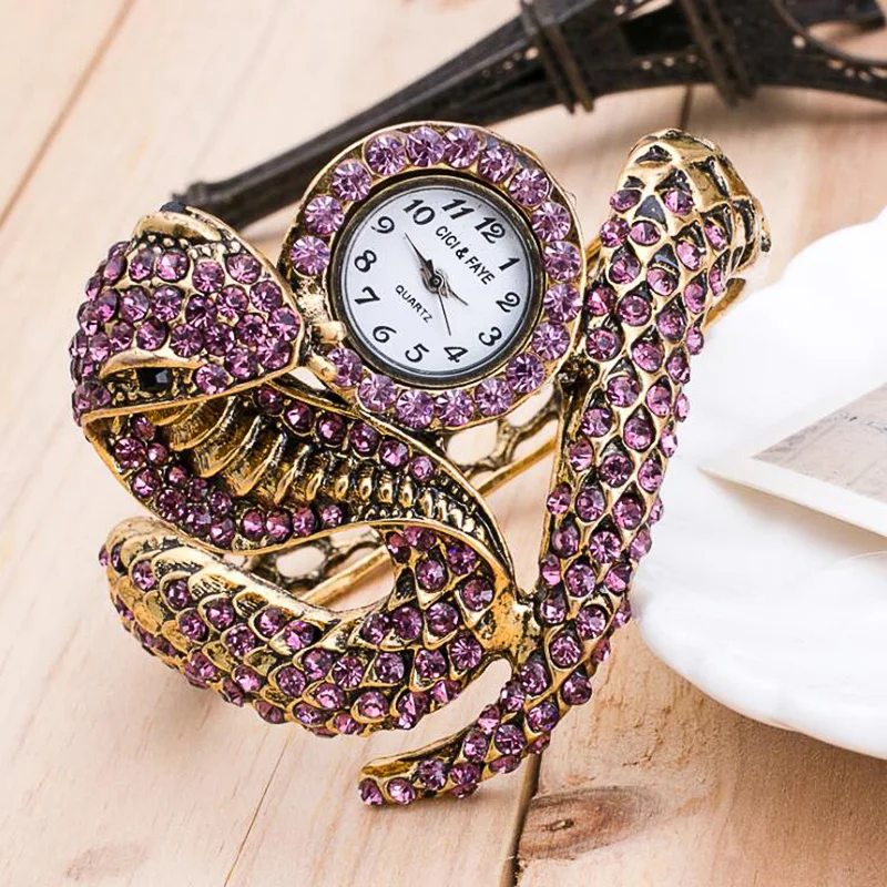 

Роскошные женские часы в форме змеи, женские часы с браслетом, женские ретро-часы с римскими шкалами, кварцевые часы со стразами, женские часы