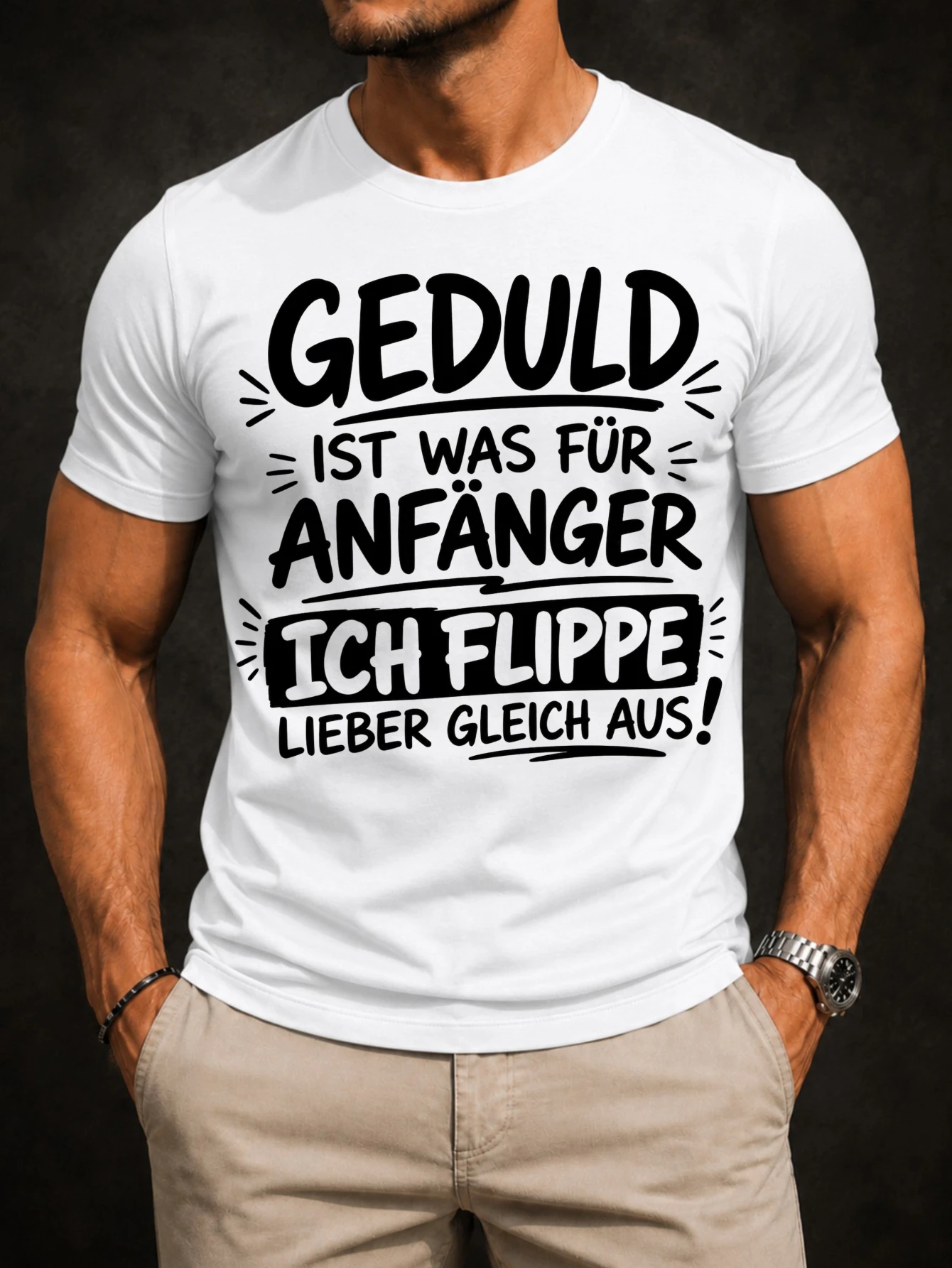 Фото Футболка унисекс с надписью «Geduld Ist Was Fur Anfanger Ich Flippe Lieber Gleich Aus» в рукописном стиле и с графическим принтом, повседневная. №1