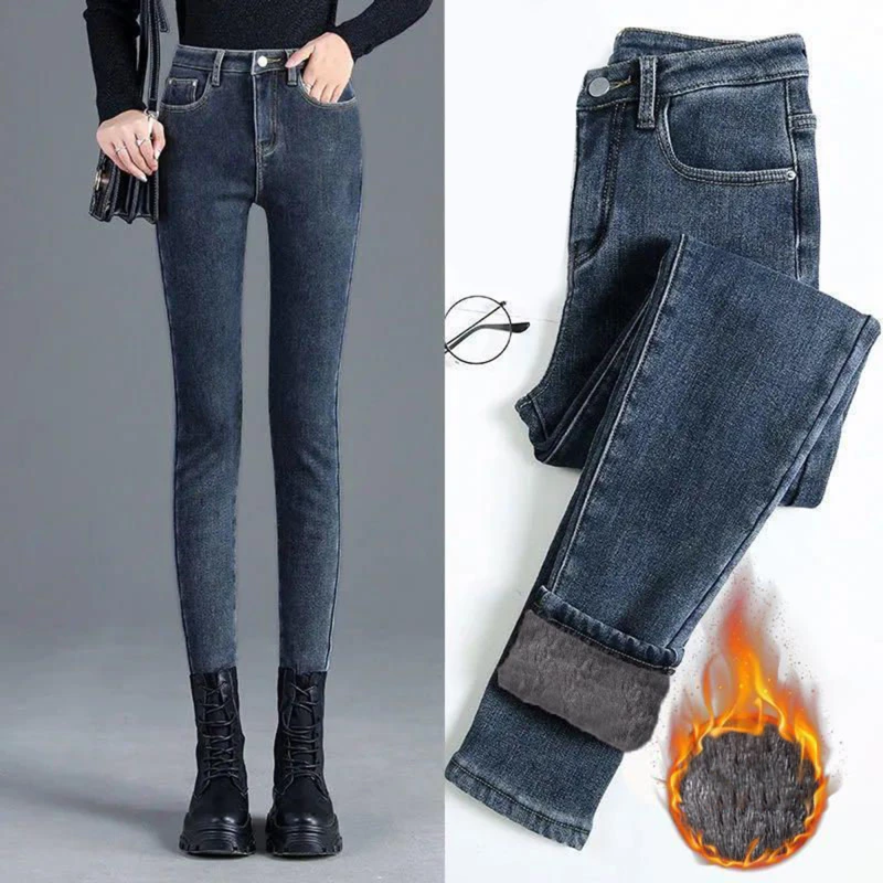 

Thicken Stretch Skinny Fleece Jeans Winter Women Women High Waist Button Black Warm Jeans Lady Vintage Denim Pencil Korean Pants