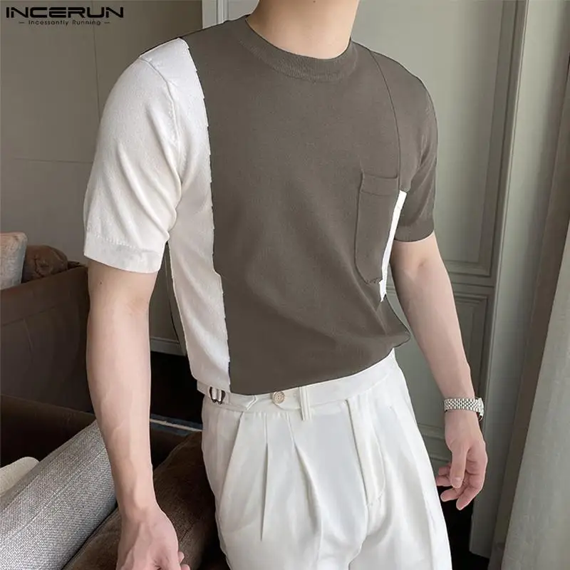 

Men Casual T Shirts Patchwork Round Neck Streetwear Short Sleeve Korean Men Clothing 2022 Stylish Leisure Tee Tops S-5XL INCERUN