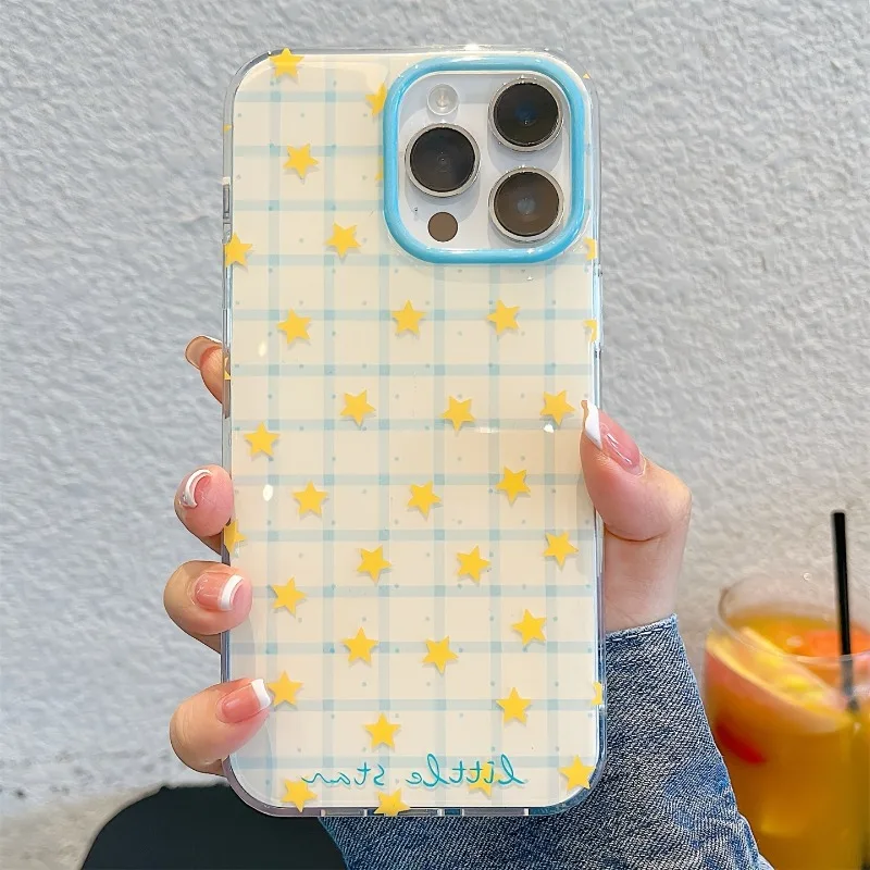 Желтый чехол для телефона с узором в клетку и звезды для iPhone 17 Pro, 16, 15, 14, 13, 12, 11 Pro Max, 16e, Air, XR, XS Max, 7, 8 Plus, противоударный чехол (art.: 3920dc8ca1f8f) - 3920dc8ca1f8f