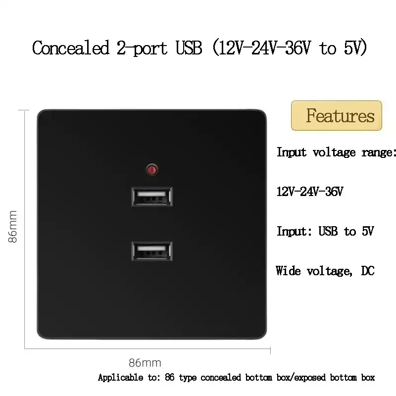 

86 Тип Настенная скрытая низковольтная розетка 12–24 В до 5 В USB-разъем для зарядки Панель для зарядки Двухпортовая USB-розетка Лодка Автомобиль RV USB-зарядка