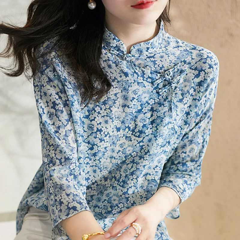 

Chinese Style Spring Summer Stand Collar Women Chiffon Blouses Shirts Lady Casual Printed Chinese knot Collar Blusas Tops Female