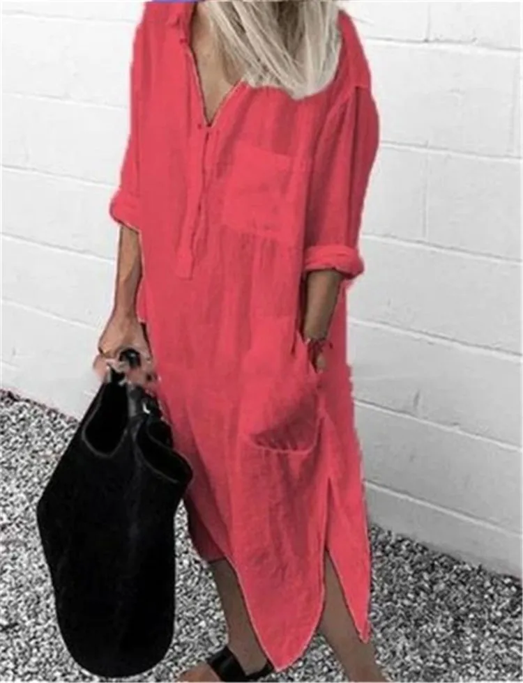 Summer Shirt Long Dress Women Casual Long Sleeve Side Split Button Dresses 2023 Female Elegant Solid Color Pocket Loose Dresses