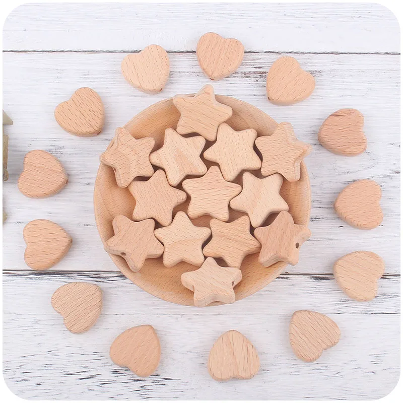 

10pcs Wooden Rodent Beads Teething Heart Star BPA Free Beech DIY Accessories Pendant For Pacifier Wooden Toys Baby