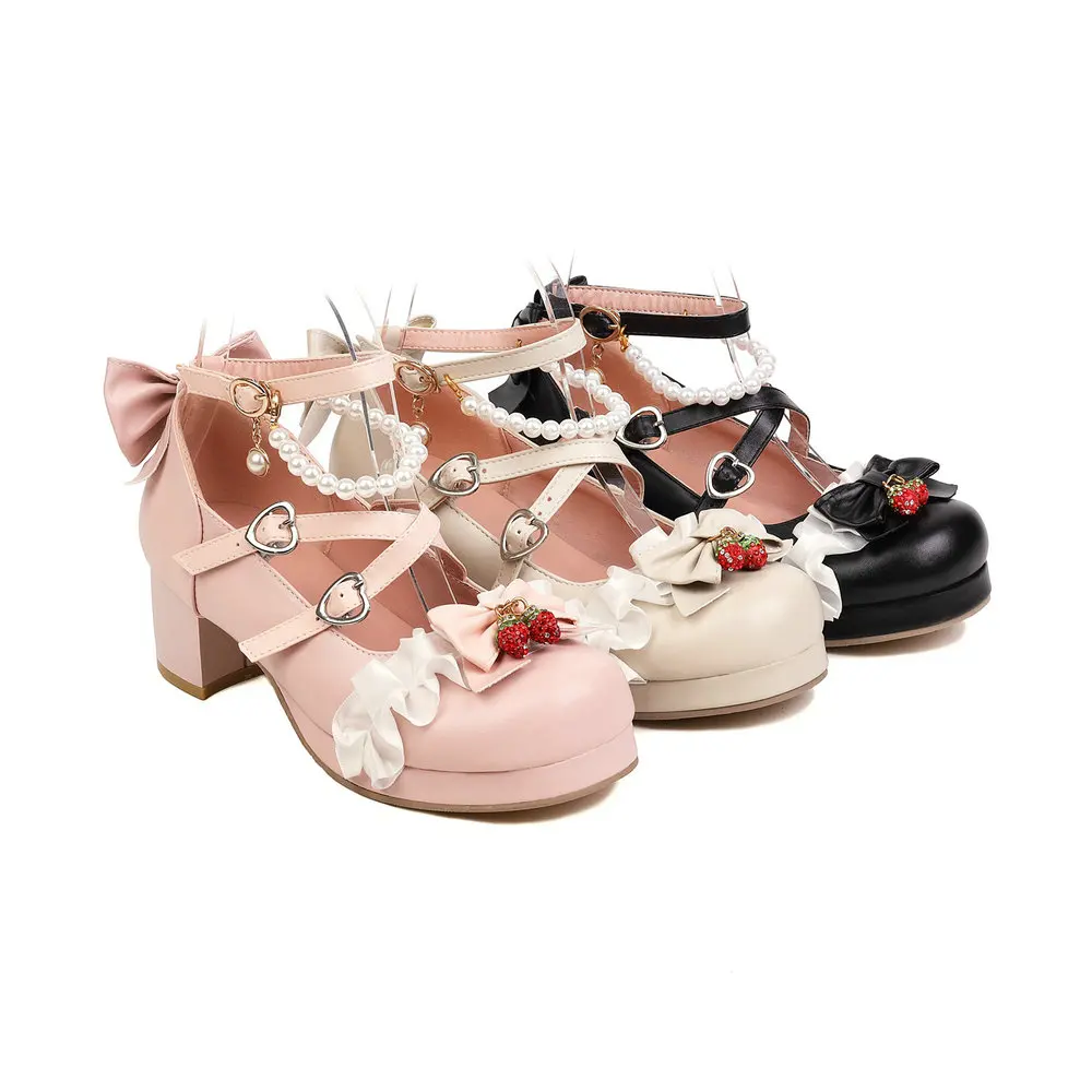 Feminine Bowtie Mary Jane Shoes for Crossdressers Sissies Ankle Strap Chunky Heel Strawberry Pendant Plus Size Women Footwear