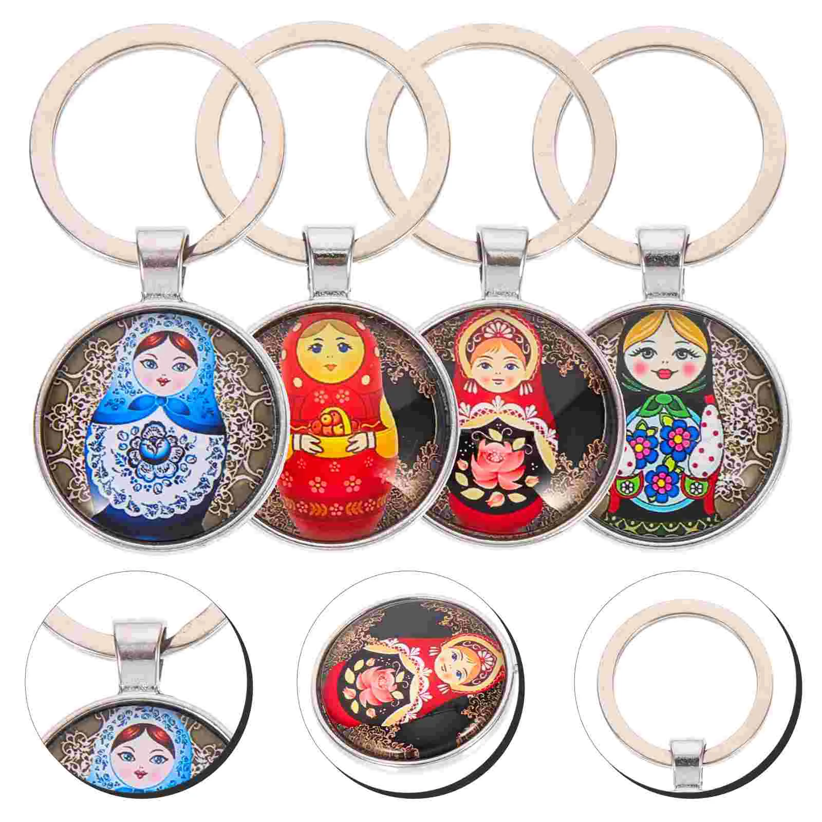 

4 Pcs Matryoshka Keychain Chains Pendants Wooden Ring Russian Nesting Metal Alloy Dolls Keyrings Child
