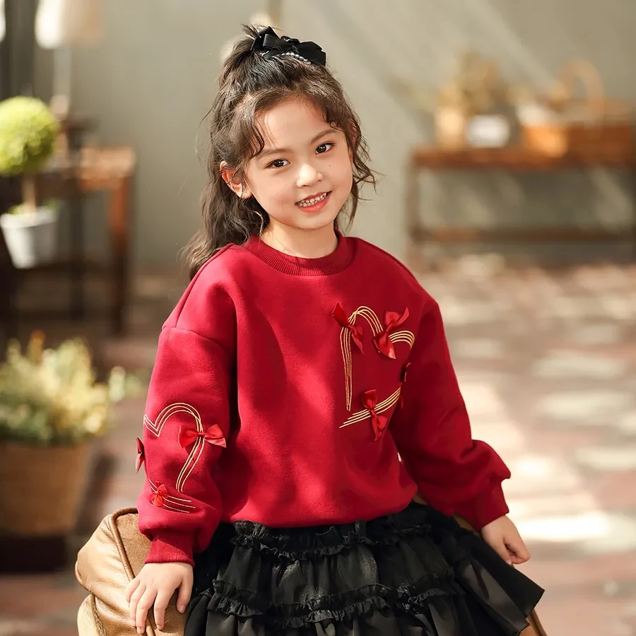 

Весенняя Красная толстовка с круглым вырезом для девочек 4-14 лет, 2023, детские свободные вельветовые толстовки с бантом для девочек, Повседневная Милая рубашка с длинным рукавом 8