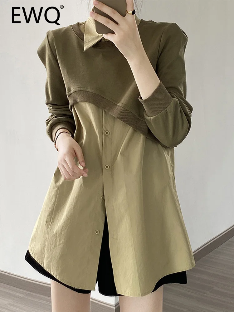 

Женские однотонные рубашки EWQ из 2 предметов с отложным воротником и длинным рукавом, пуловер, короткий свитшот, женские топы в Корейском стиле, Новинка осени 2023, 26D5829