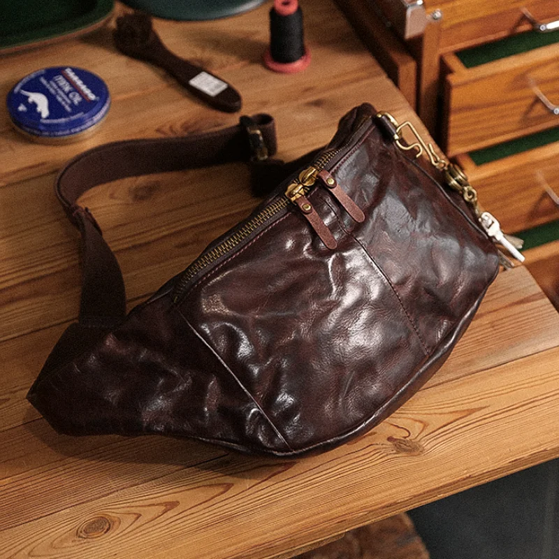 AETOO  Men's Chest Bag genuine leather handmade Fanny Pack satchel Single shoulder bag Vintage Plant tanned cow leather crossbod