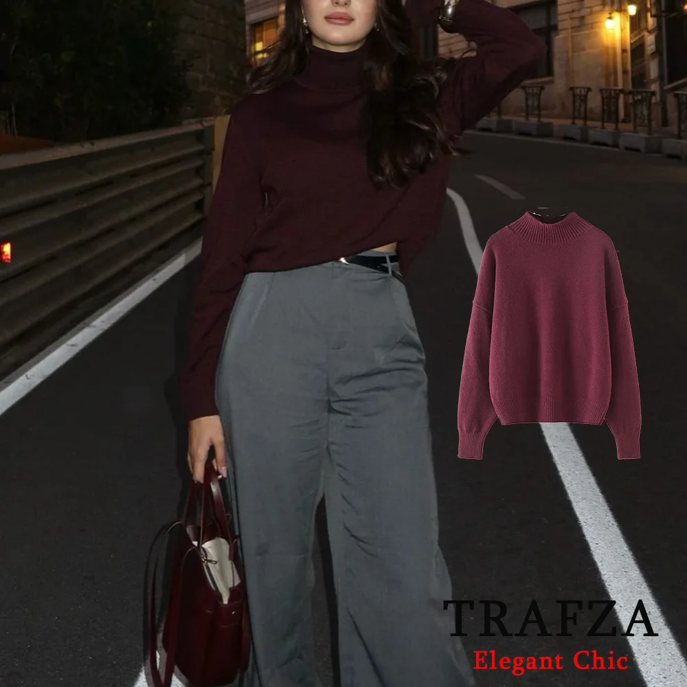 TRAFZA женский бордовый мягкий вязаный свитер базовый с круглым вырезом и длинными