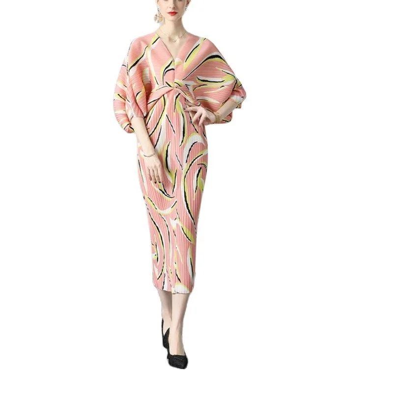 

Женское плиссированное платье миди Miyake, летнее розовое, зеленое свободное платье большого размера с рукавами «летучая мышь» и принтом, 2023