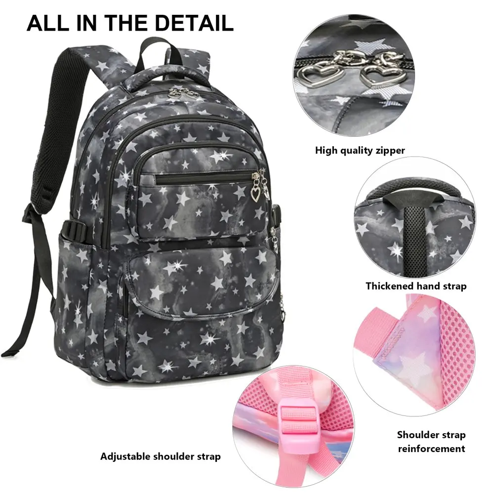 Star Printed Teens Girls Backpack with Lunch Bag and Pencil Case 3pcs ,Waterproof Lightweight Bookbag for Middle School Black