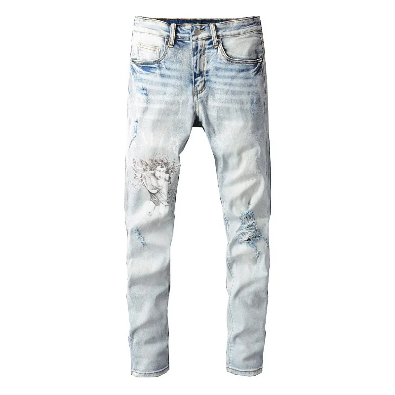

designer denim pants Distressed Slim Fit Damaged Skinny Stretch Holes Indigo Hole Tie Dye Bandana Ribs Patchwork Ripped Jeans