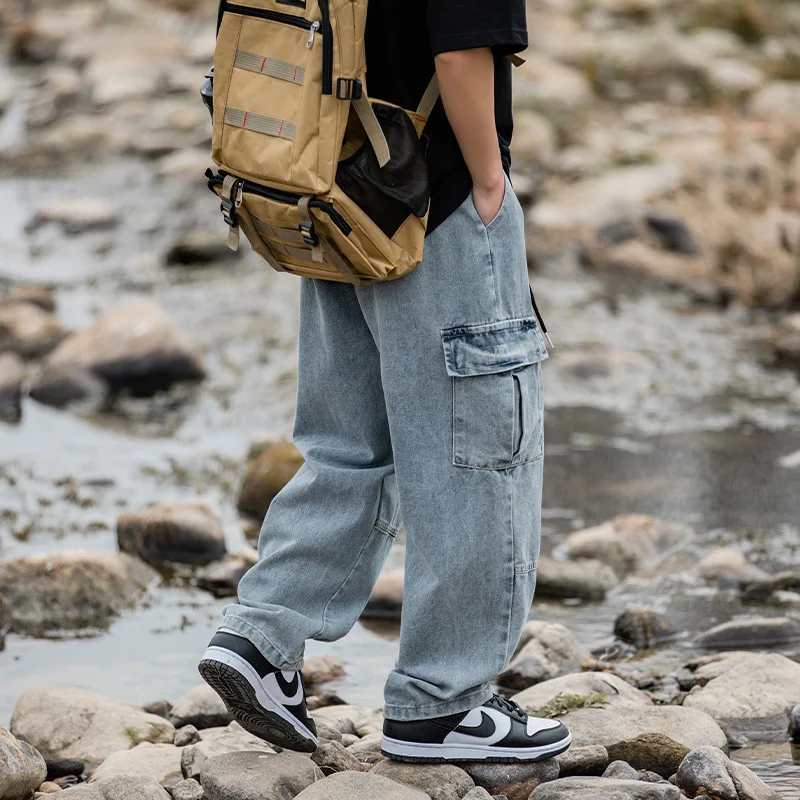 

Джинсы-багги мужские с большими карманами, брюки-карго из денима, широкие штаны, свободные повседневные уличные штаны в стиле хип-хоп, харадзюку, 2023