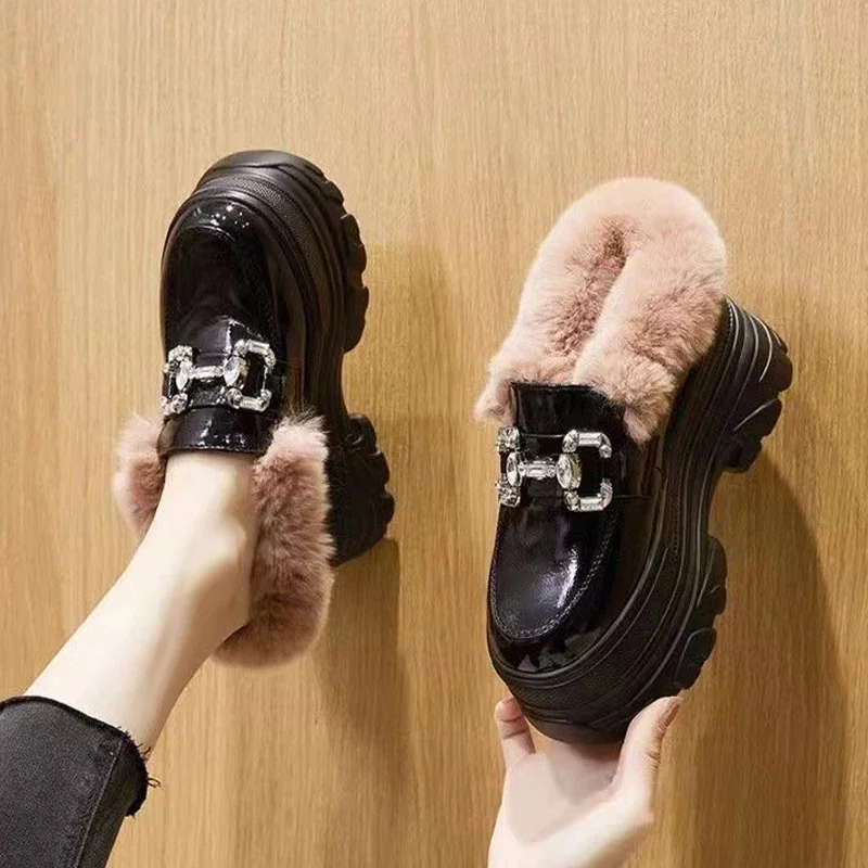 

Winter Loafers Fur Flats Shoes Women Casual Platform Shoes 2024 Designer New Warm Chelsea Boots Goth Short Plush Femme Zapatos