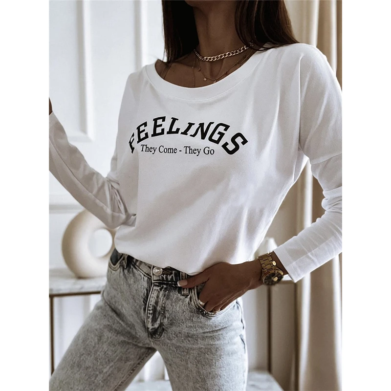 

Женская футболка с круглым вырезом, элегантная белая Повседневная футболка в стиле бохо с принтом букв для отдыха, G3245, осень 2022