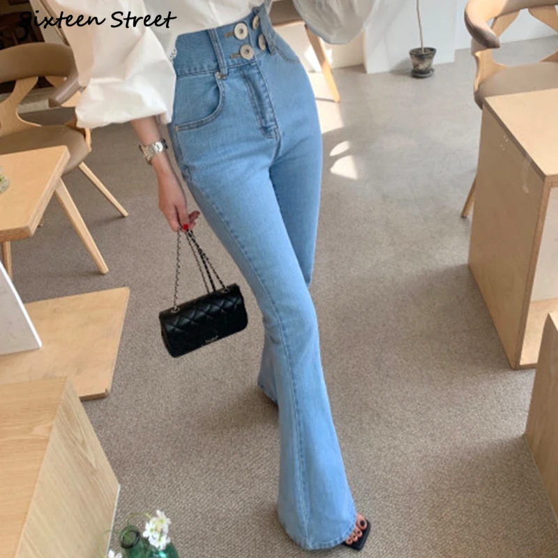 

Chic Stretch Denim Women Bell Jeans High Waist Four Button Light Blue Bottom Women Flare Pants Korean Fashion Y2k Wide Jeans Mom