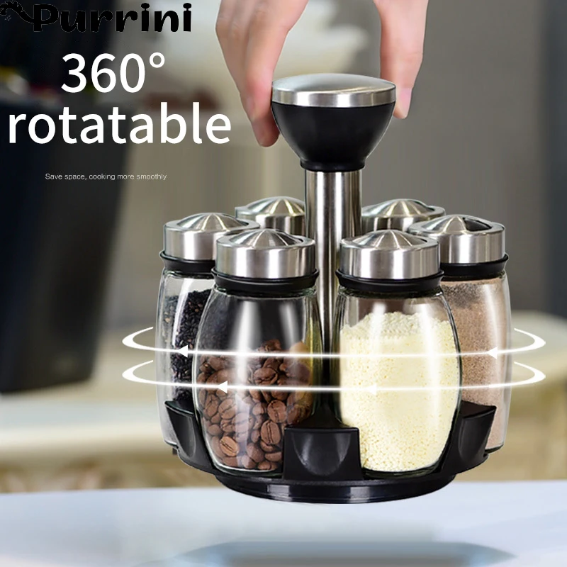 

Rotating Spice Jars Rack Stainless Steel Glass Seasoning Condiment Cans Seasoning Sugar Pepper Bottles Salt Shakers Holder Kitc
