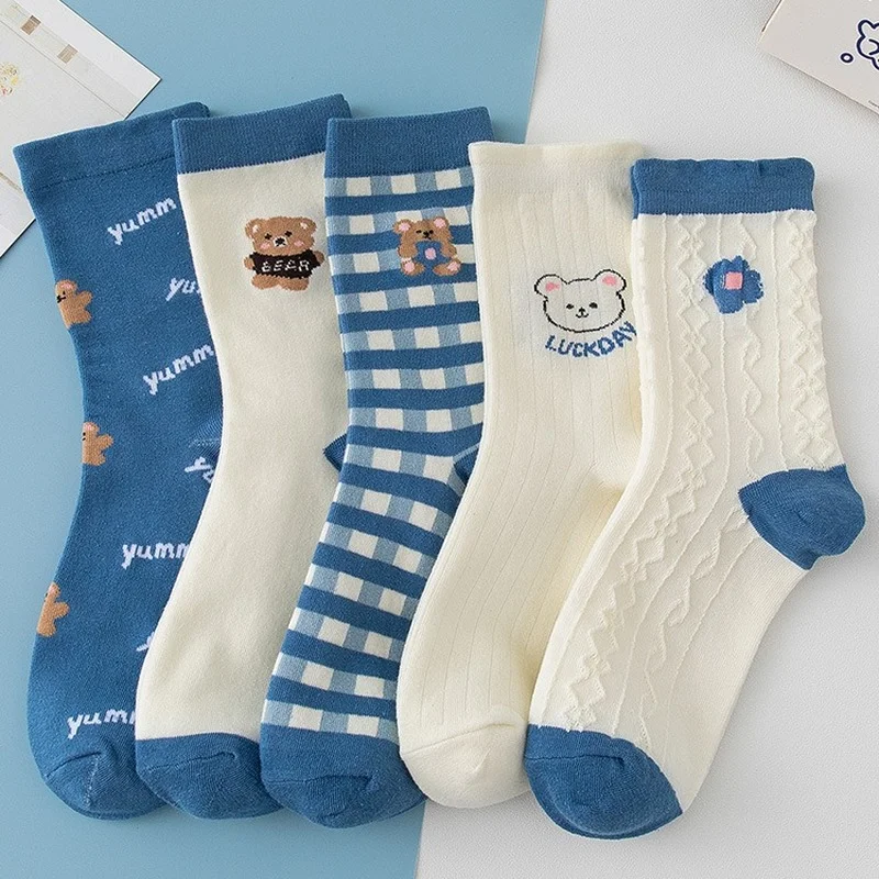

Cartoon Cute Bear Blue Plaid Socks for Women Girls Fashion Student Cotton Spring Summer Socks Kawaii Socks Japanese Korean Gifts