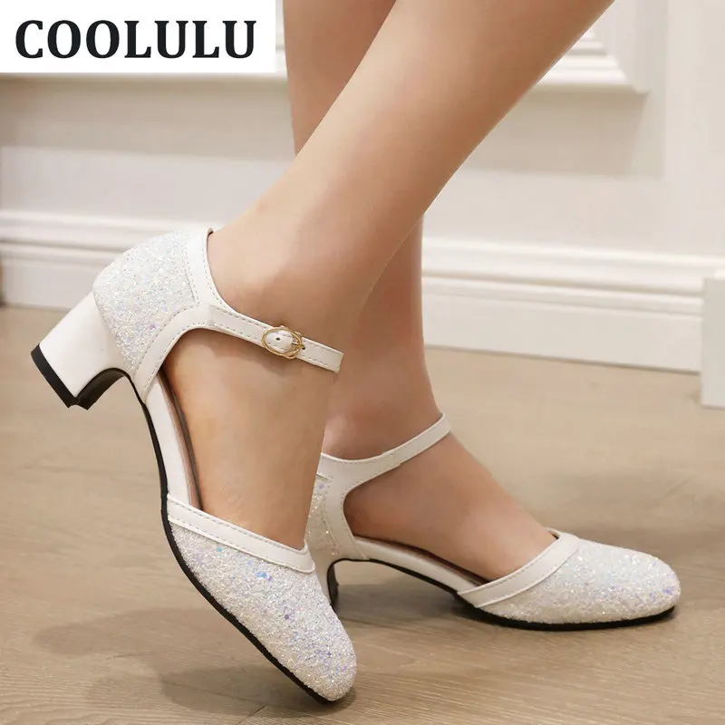 

COOLULU Women Giltter Mary Janes Sparkly Pumps Block High Heel Ankle Strap Dorsay Pumps Shoes Sequin Pumps Wedding Shoes