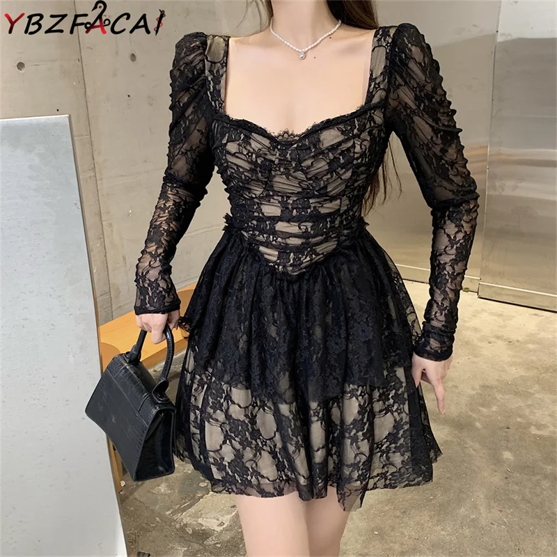 

Черное кружевное платье, женское осеннее платье-трапеция с длинным рукавом, высокой талией и квадратным вырезом, модель 2022 года